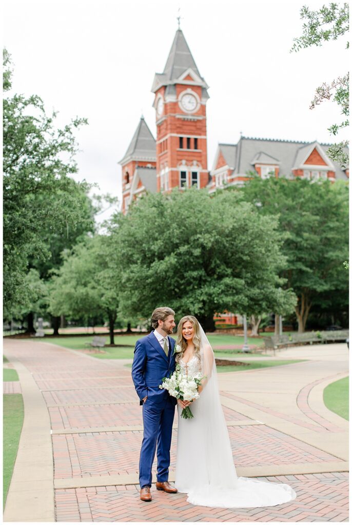 bride and groom on Samford Lawn