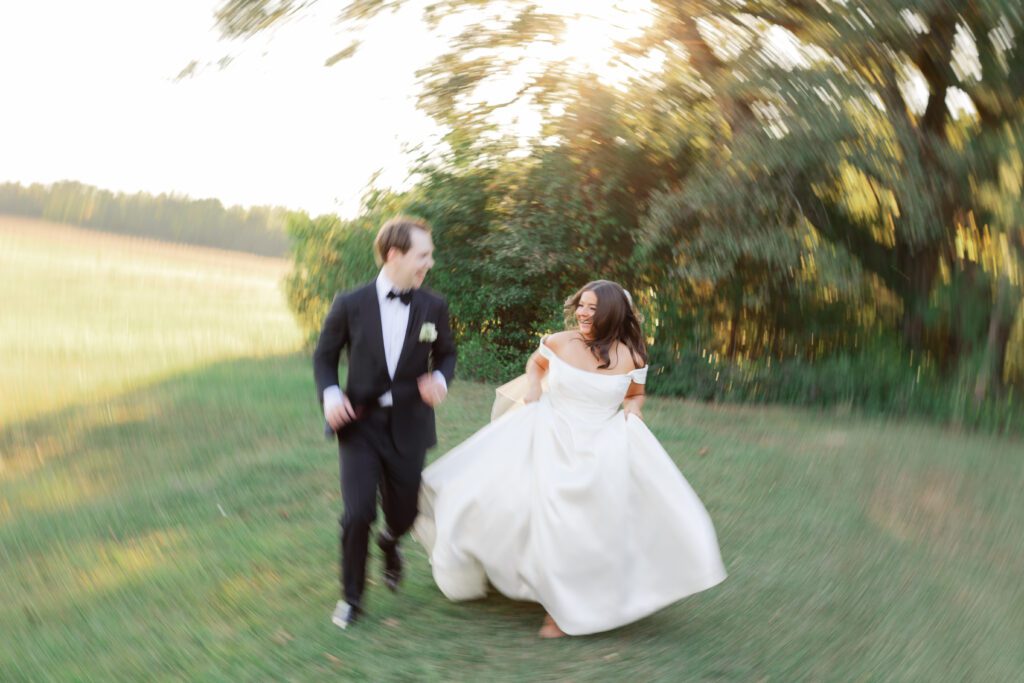 couple running on their wedding day