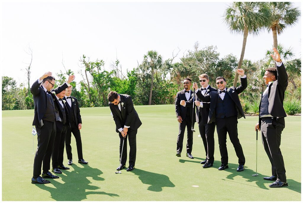Groom and Groomsmen playing golf at Sanctuary Golf Club