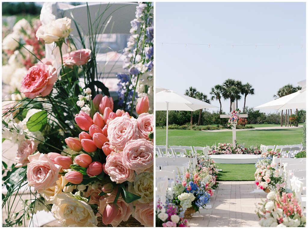 Ceremony set up with lots of pink florals at Sanctuary Golf Club