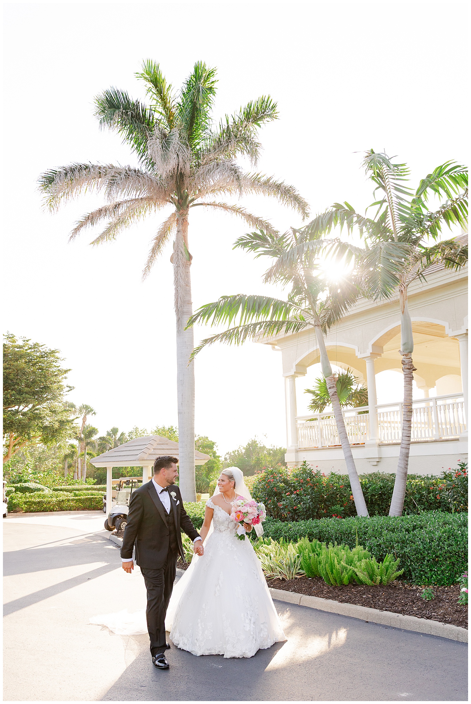 Bride and groom walking together at Sanctuary Golf Club
