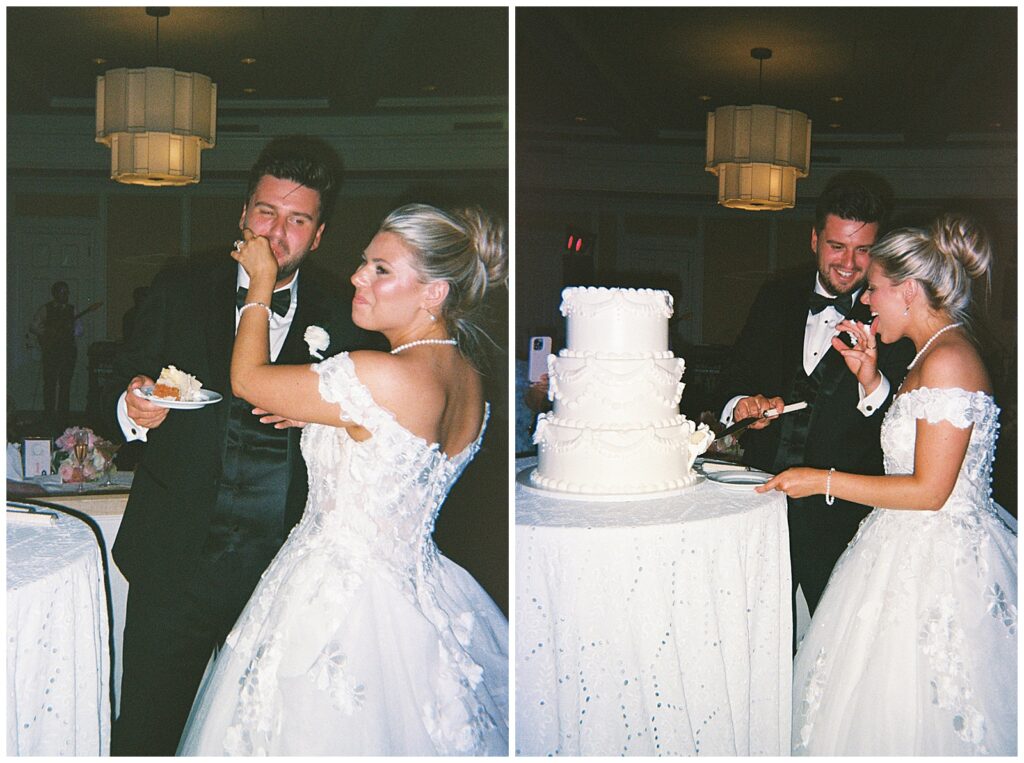 Bride and groom cutting their wedding cake