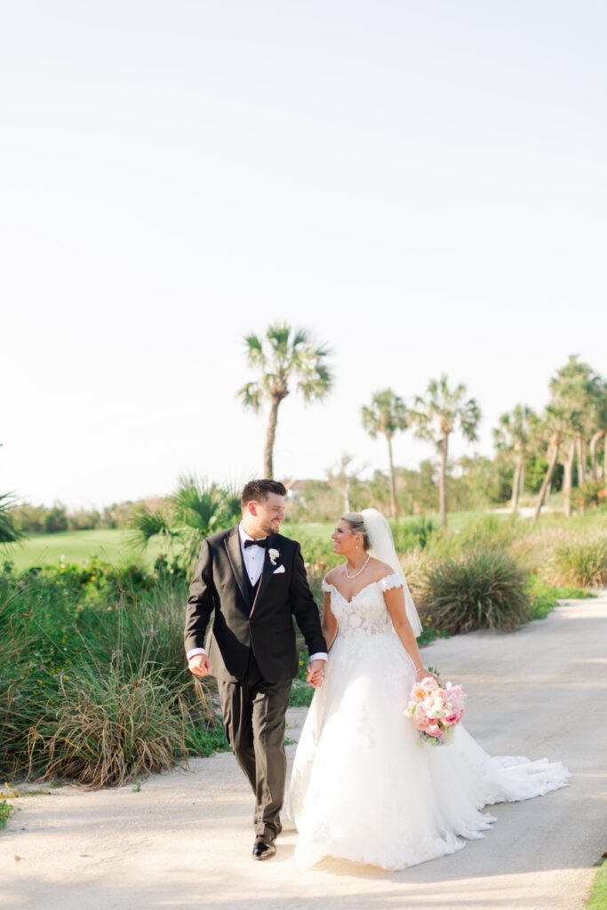 Bride and groom walking