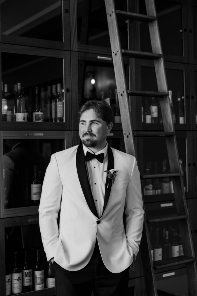 Lake poses in a white dinner jacket and black bow tie at Steelwood Country Club