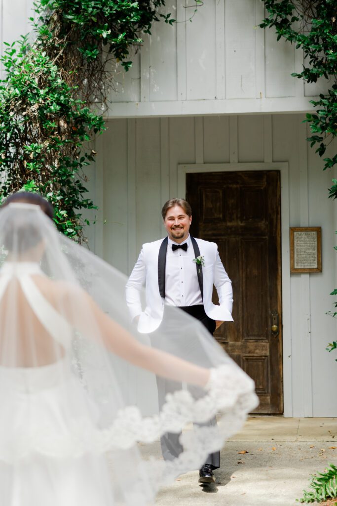 Lake sees Grace during their first look outside the Steelwood Country Club chapel